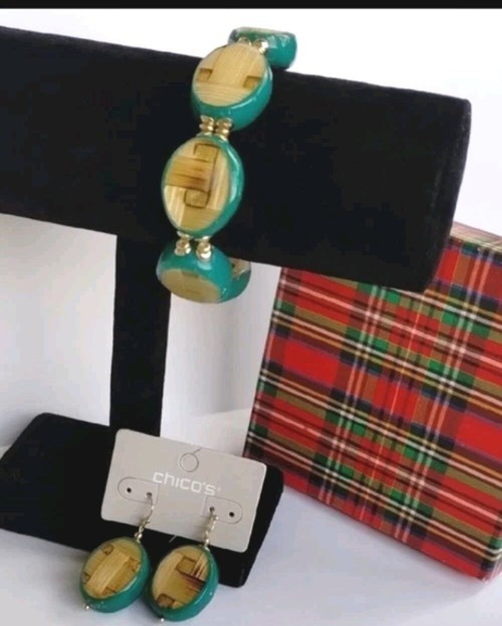CHICO'S NEW Jane Drop Set Green Gold Irridescent Chunky Bracelet Earrings RARE!